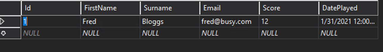 Player Score Table with one record