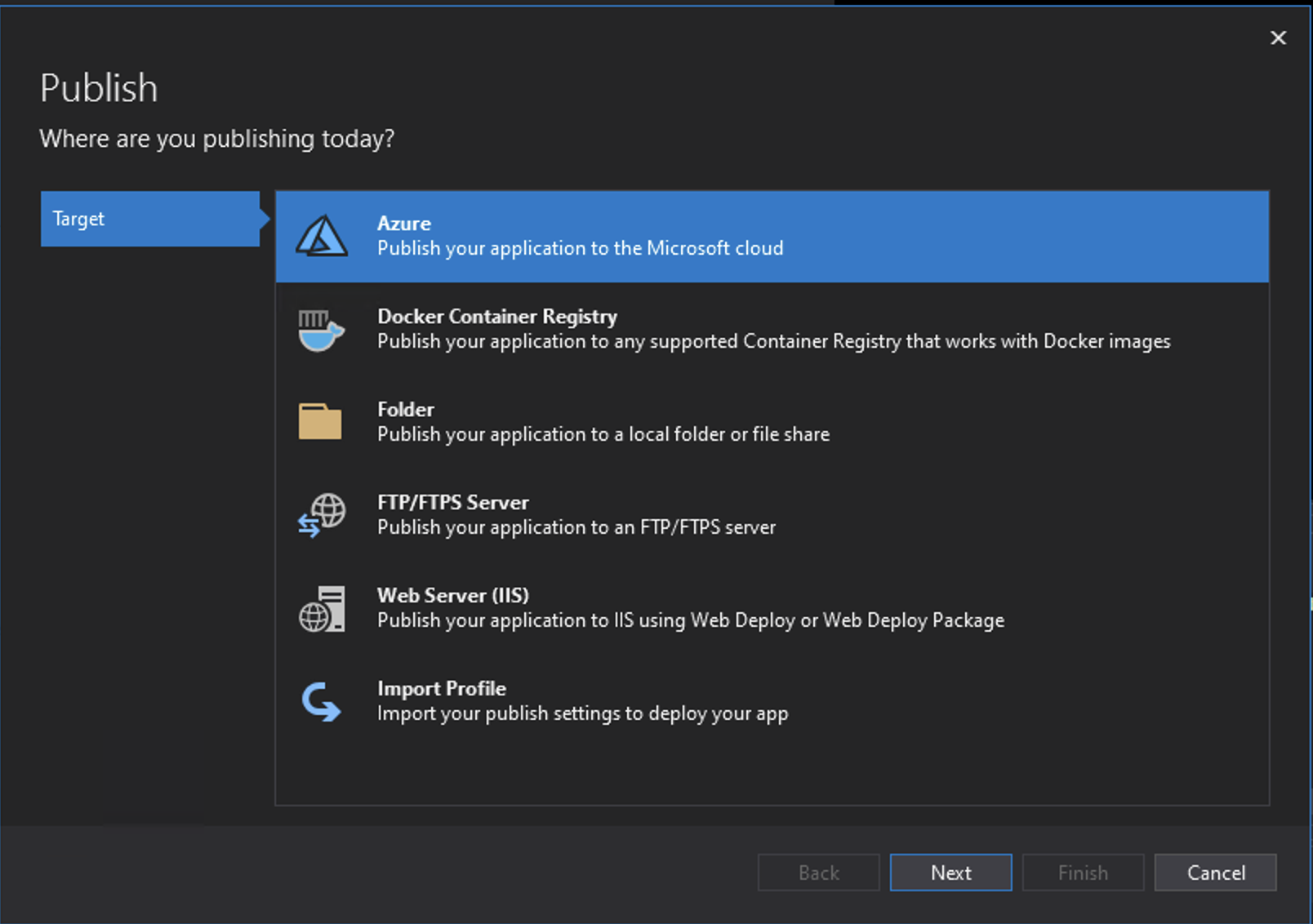 Azure Visual Studio Publishing Dialogue Box