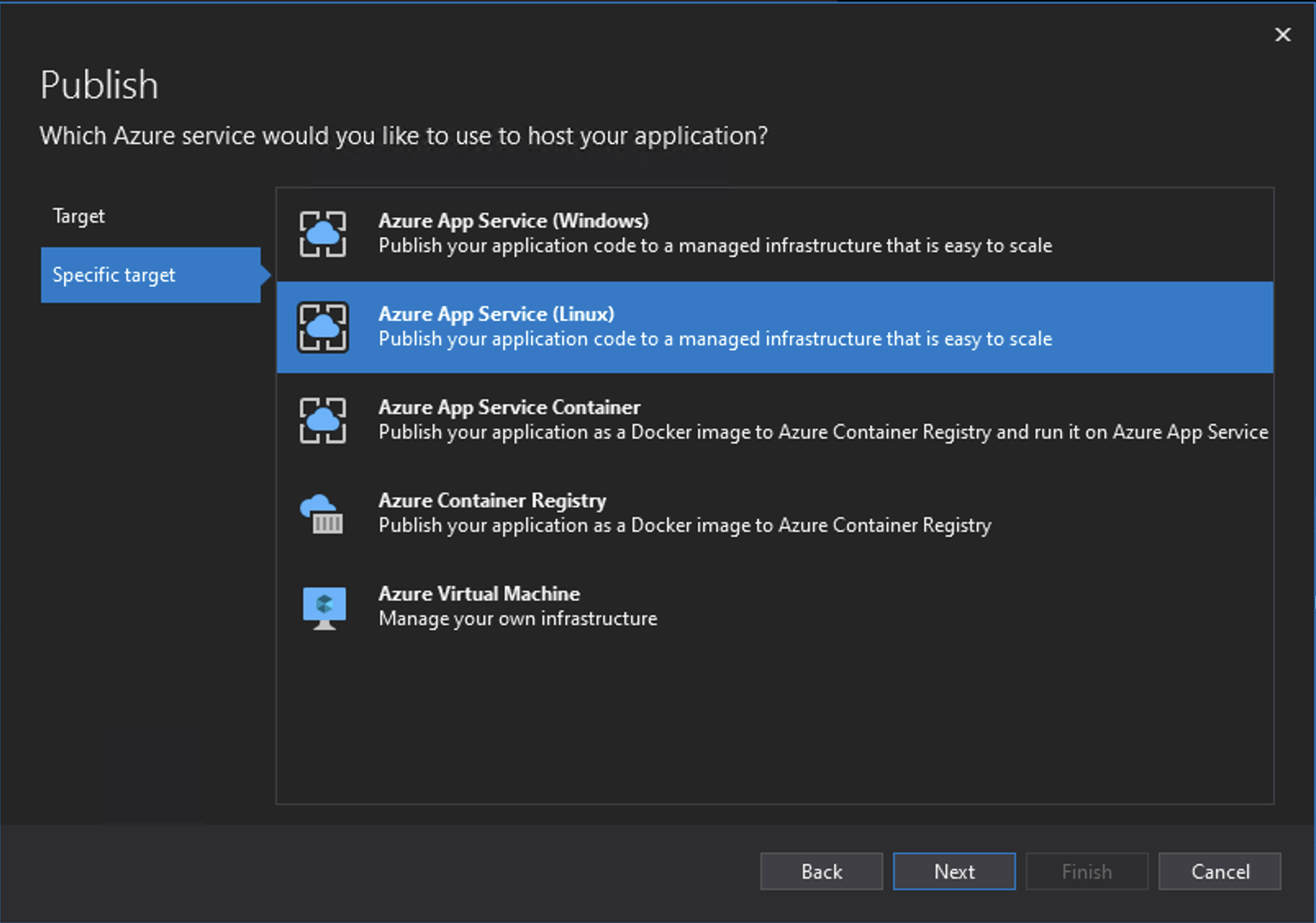 Azure Visual Studio Publishing Dialogue Box