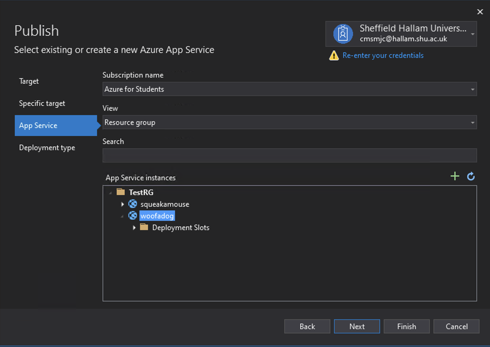 Azure Visual Studio Publishing Dialogue Box