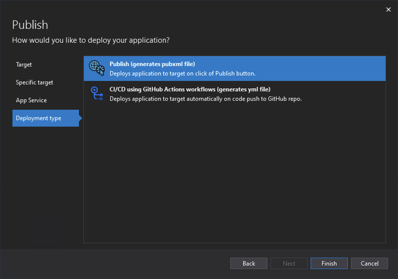 Azure Visual Studio Publishing Dialogue Box