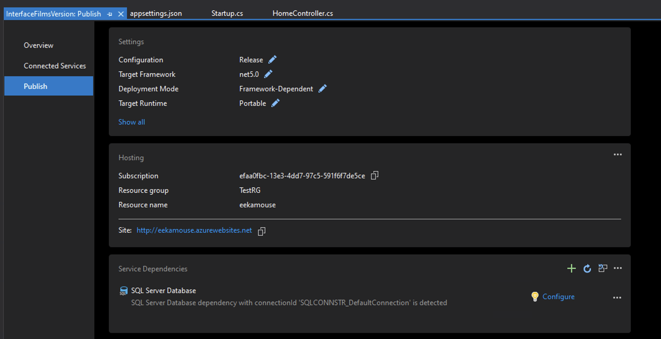 Azure Visual Studio Database Dialogue Box