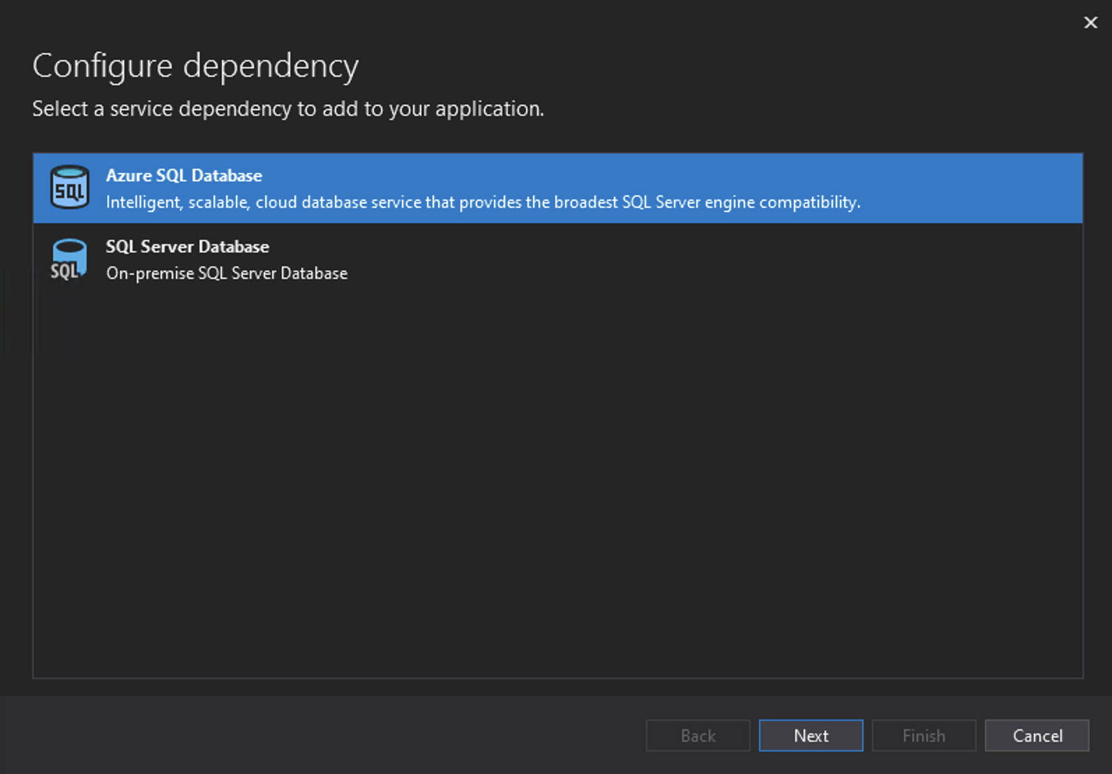 Azure Visual Studio Database Dialogue Box