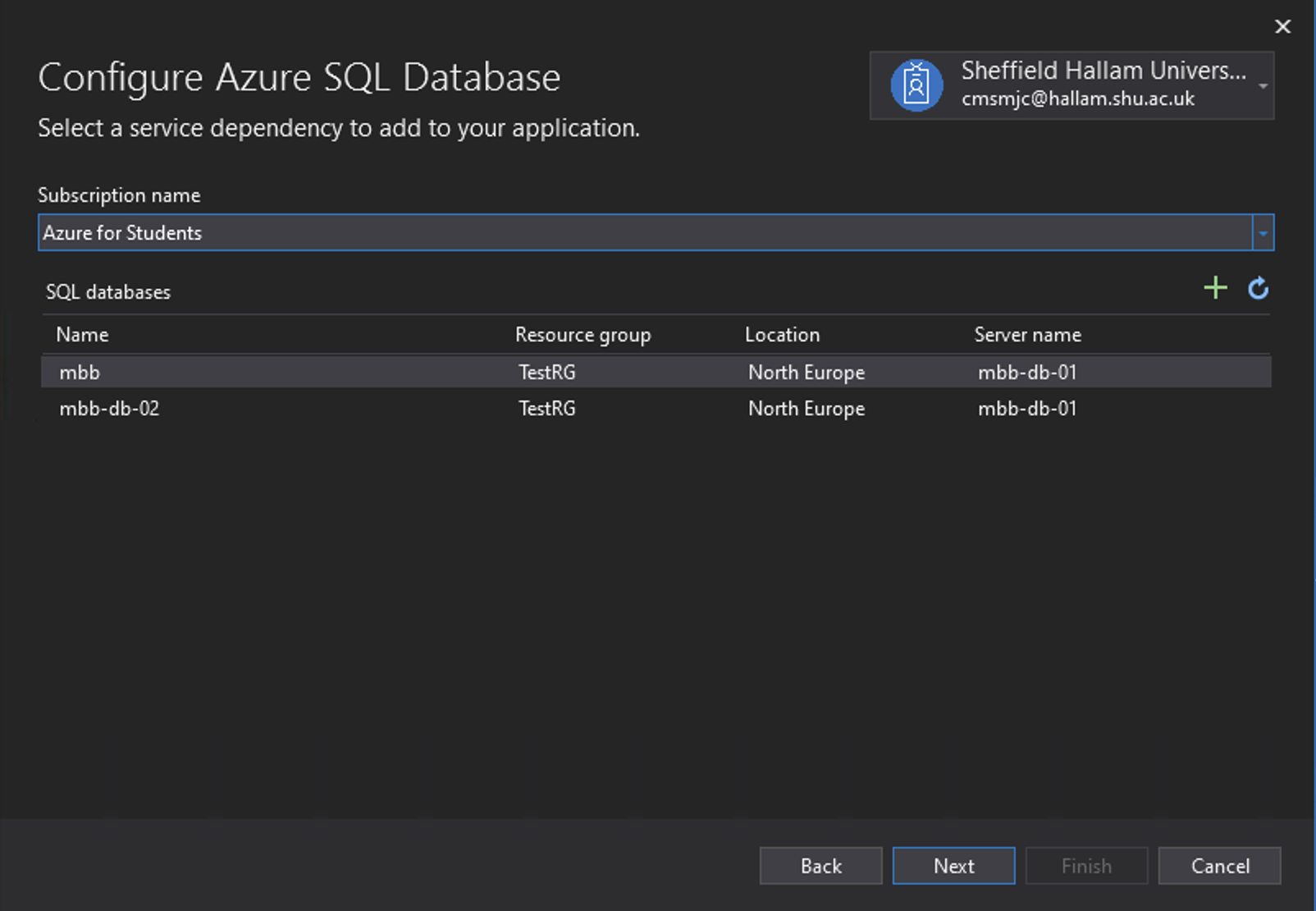 Azure Visual Studio Database Dialogue Box