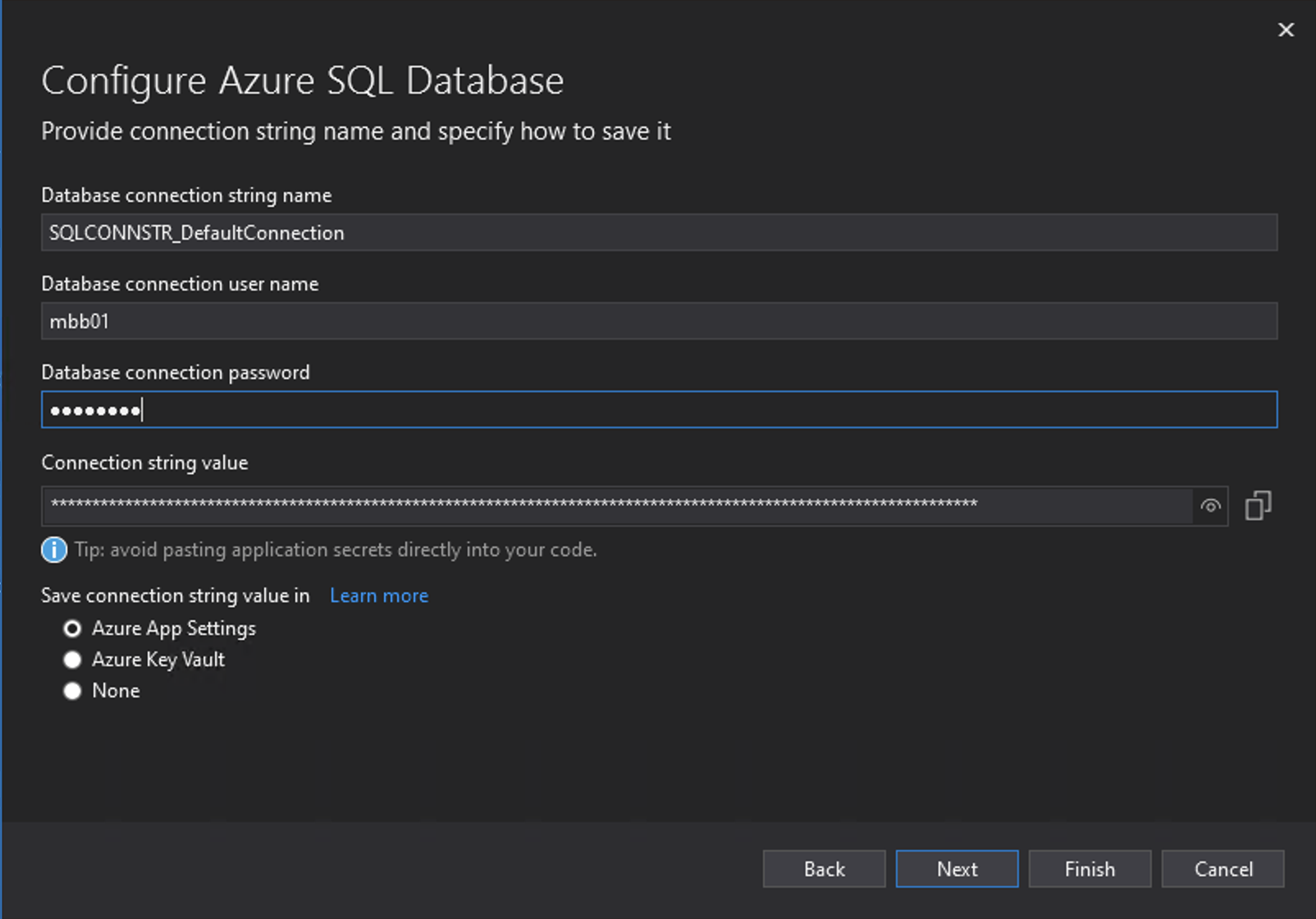 Azure Visual Studio Database Dialogue Box