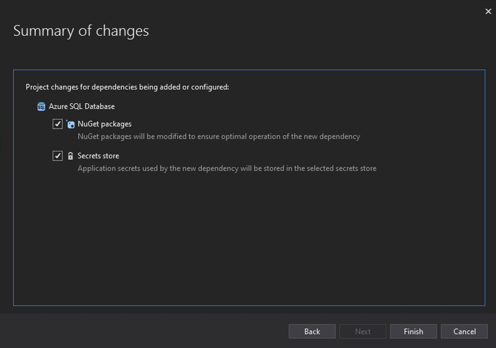Azure Visual Studio Database Dialogue Box