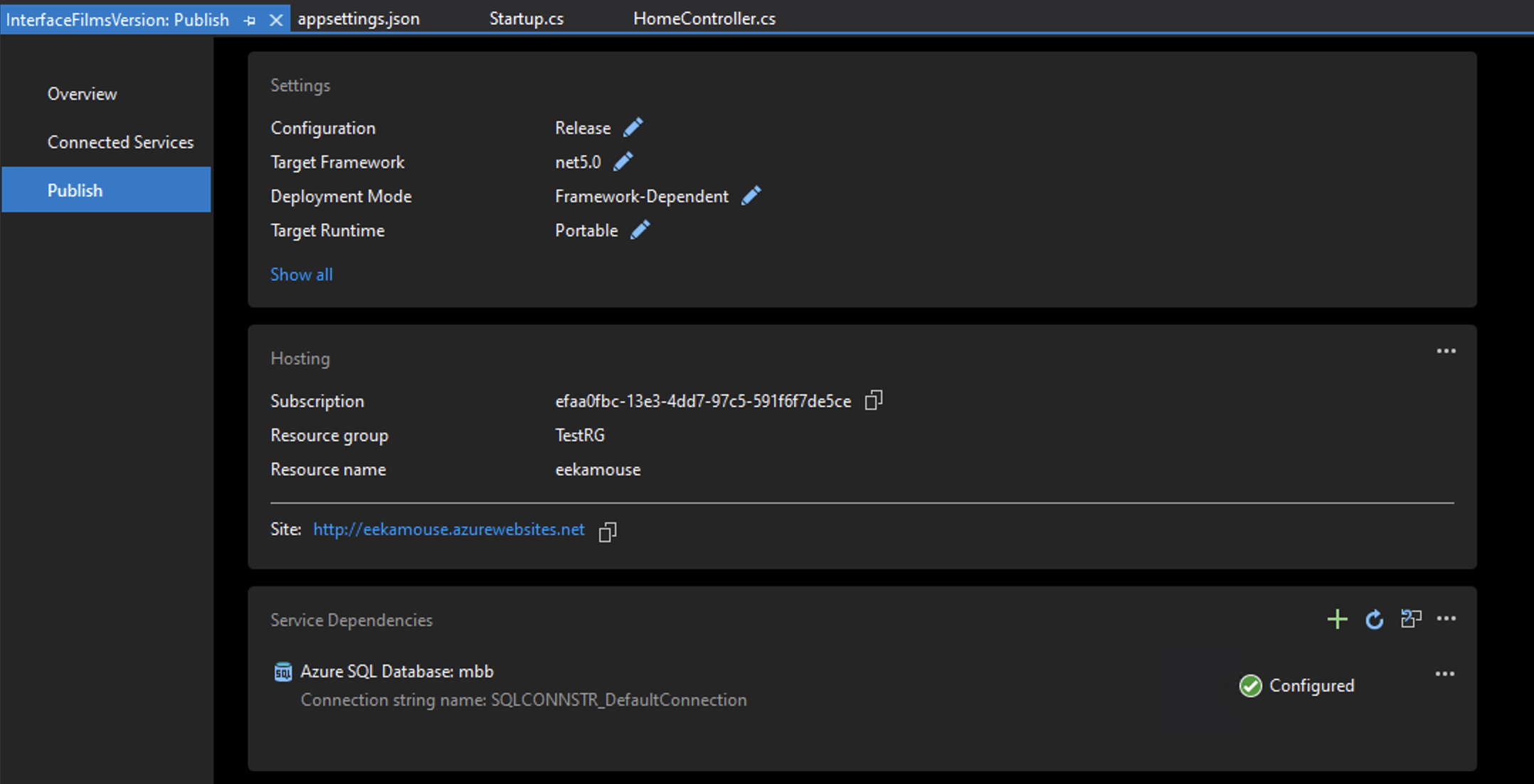 Azure Visual Studio Database Dialogue Box