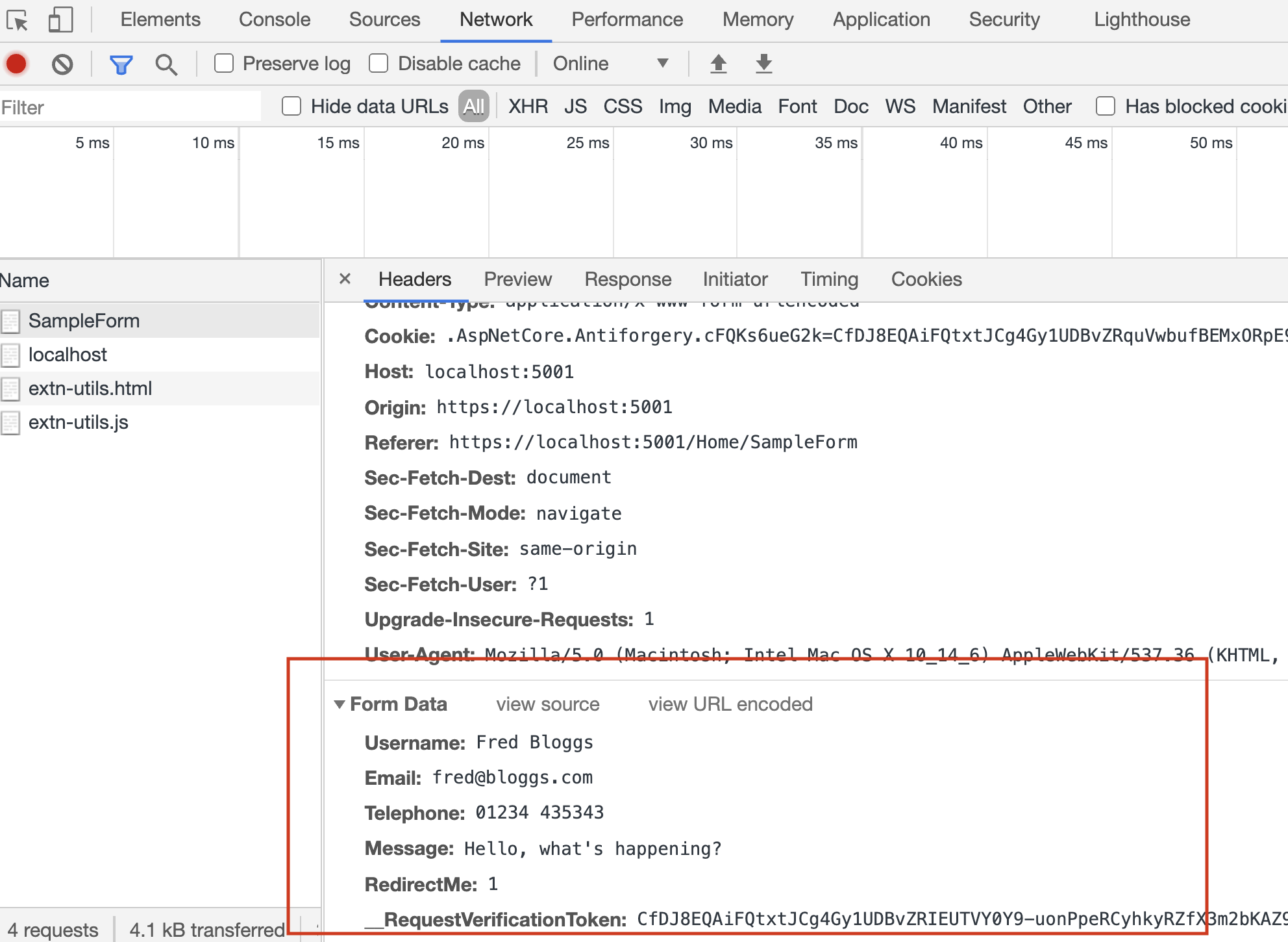 HTTP POST Form Data viewed in the Chrome Inspector