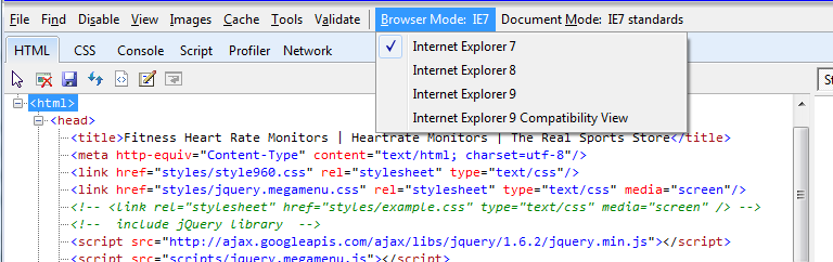 IE9 F12 Developer Tool to view IE7 andd IE8